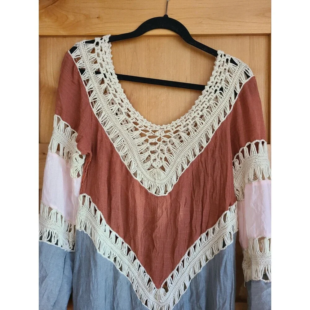 70s Boho Crochet Resort Bell Sleeve Festival Top Hippie Swim Cover Up SMALL S‎